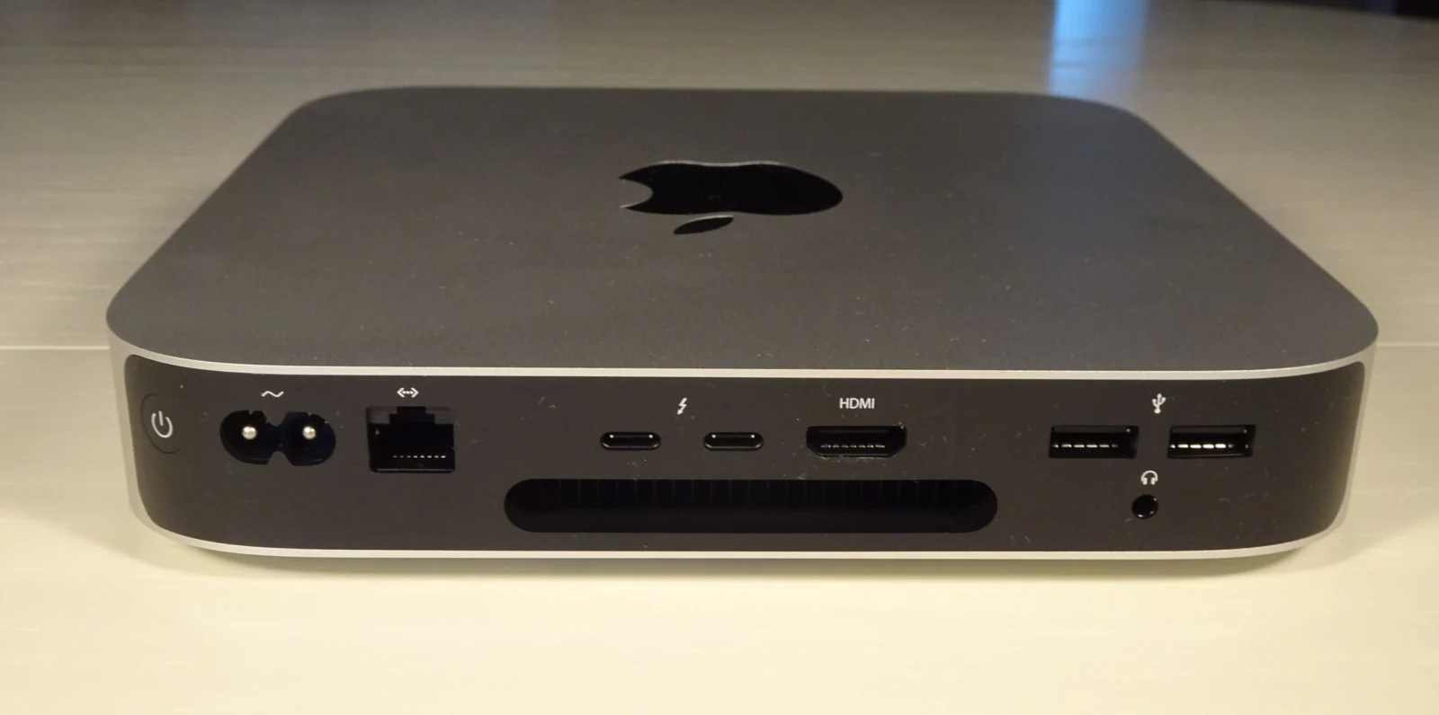 Rear ports of a Mac mini M1 illustrating the design of the later M2 model